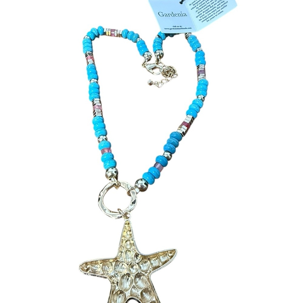 Turquoise Beach-Themed Necklace with Gold Accents - Picture 11 of 11